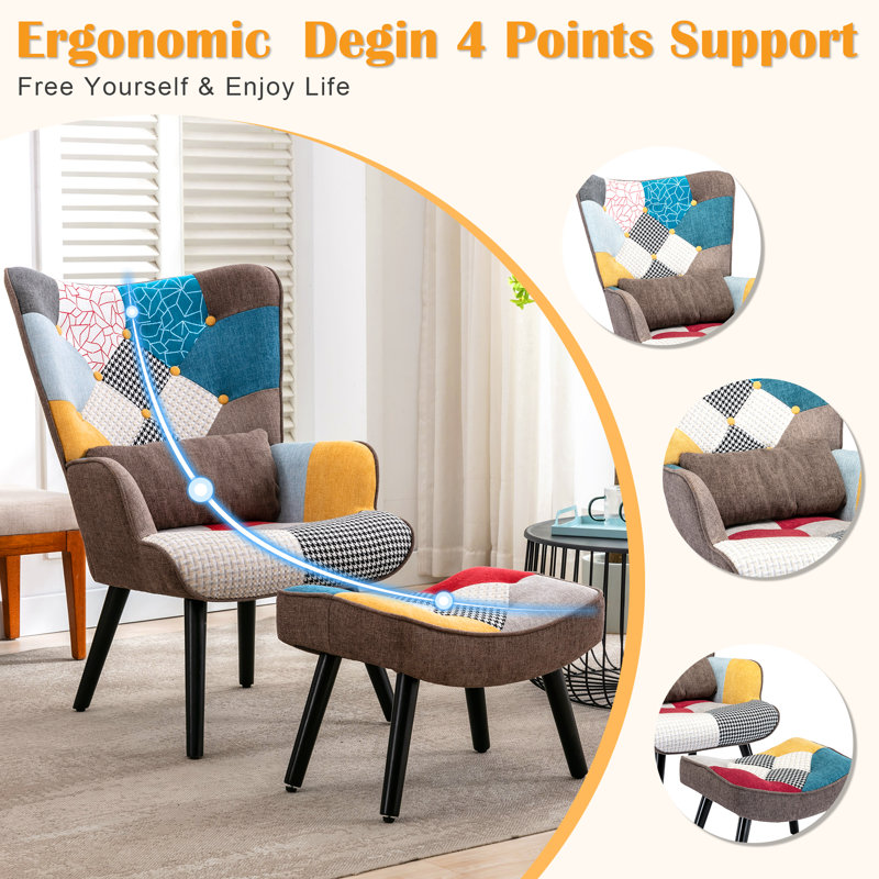 Kohlson Upholstered Wingback Chair with Ottoman Blue Linen